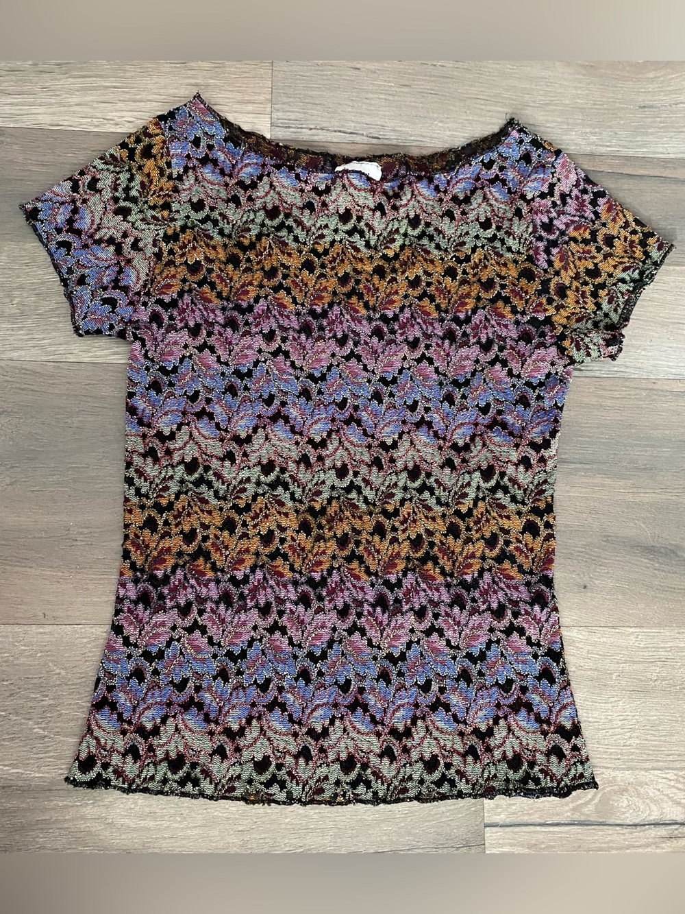 Vintage 90s A'gaci Too Multicolor Floral Lace Short Sleeve Boat Neck Top